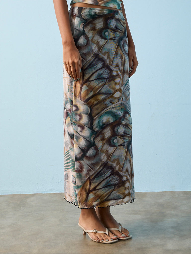 Nuon Multicolour Butterfly Printed High-Rise Skirt
