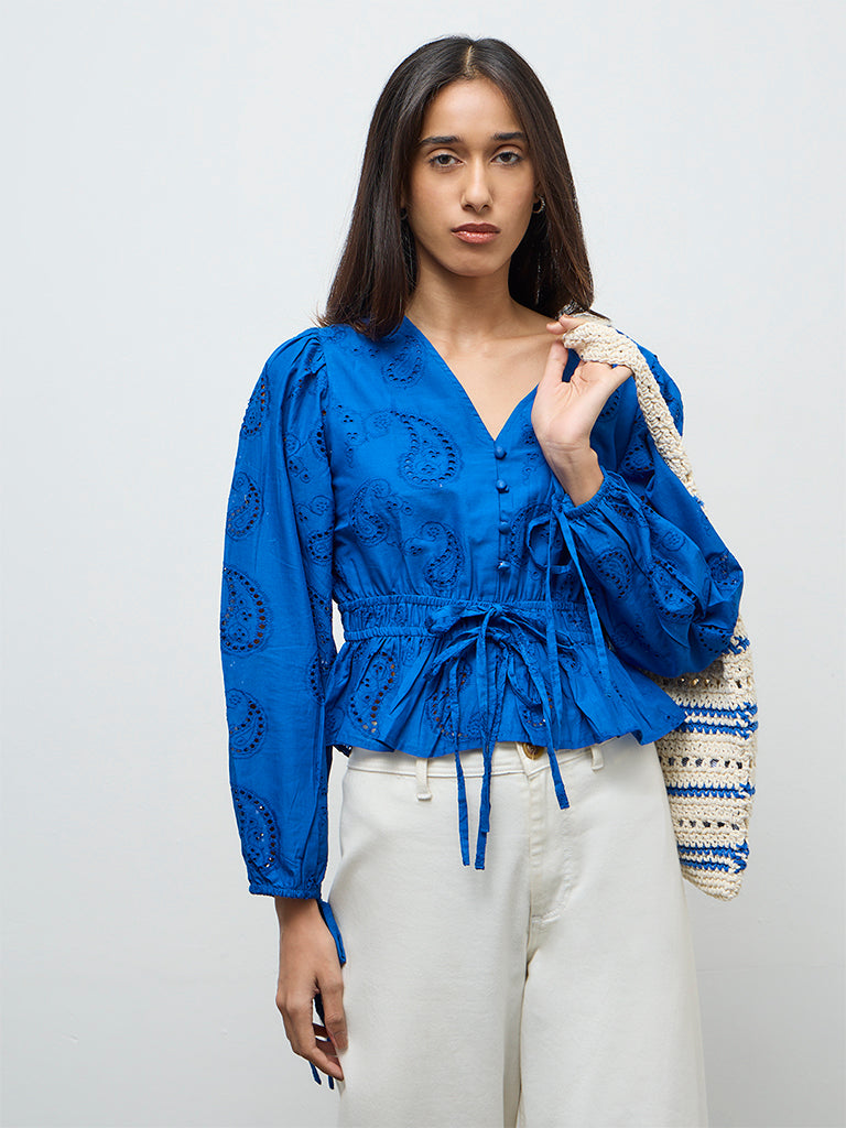 LOV Blue Paisley Embroidered Cotton Top