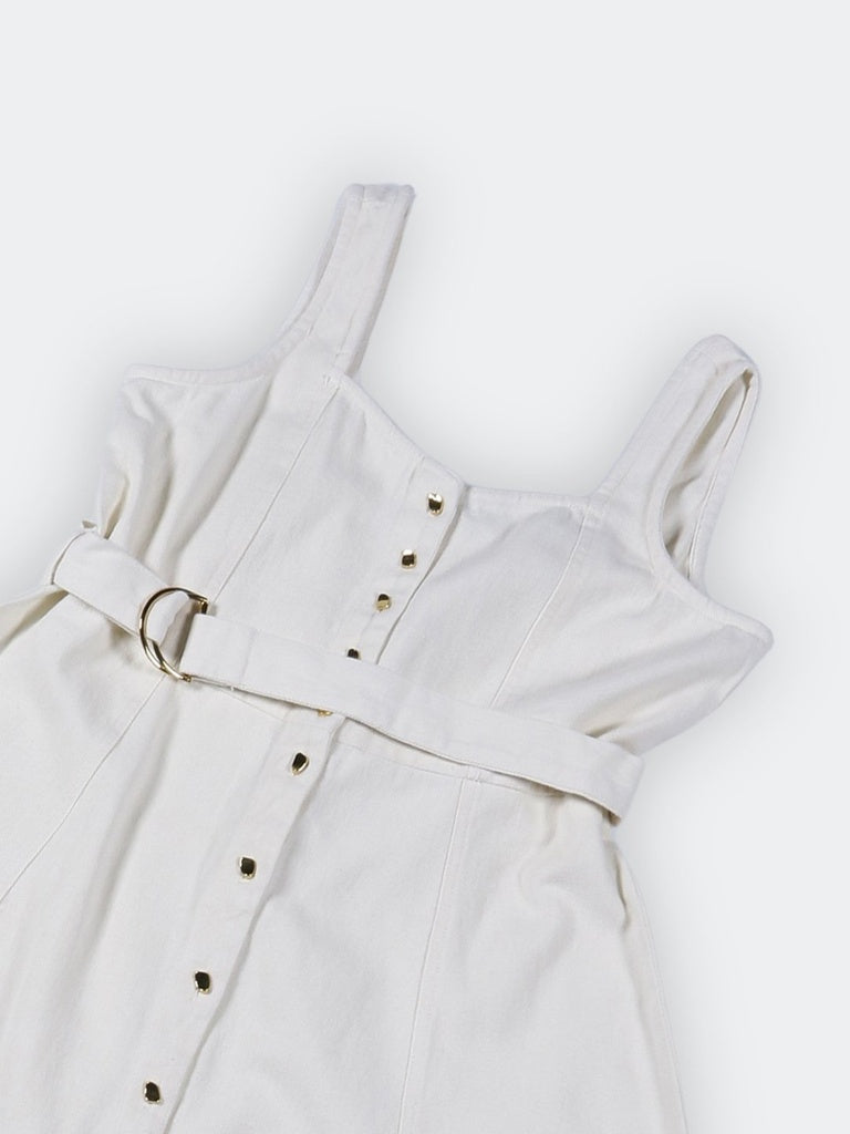 LOV Off-White Denim Cotton A-Line Dress with Belt
