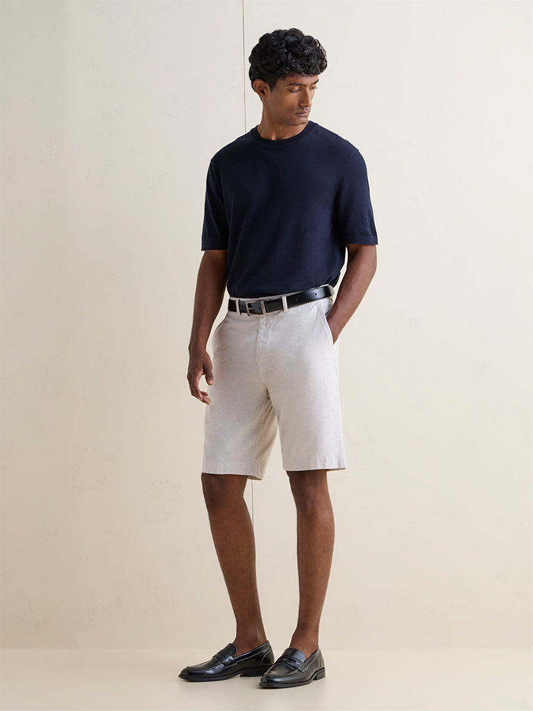 Ascot Beige Striped Relaxed-Fit Mid-Rise Cotton-Blend Shorts
