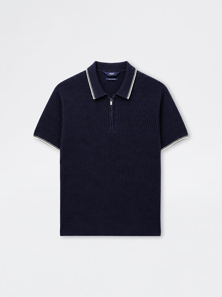 Ascot Navy Relaxed-Fit Cotton Quarter-Zip Polo T-Shirt
