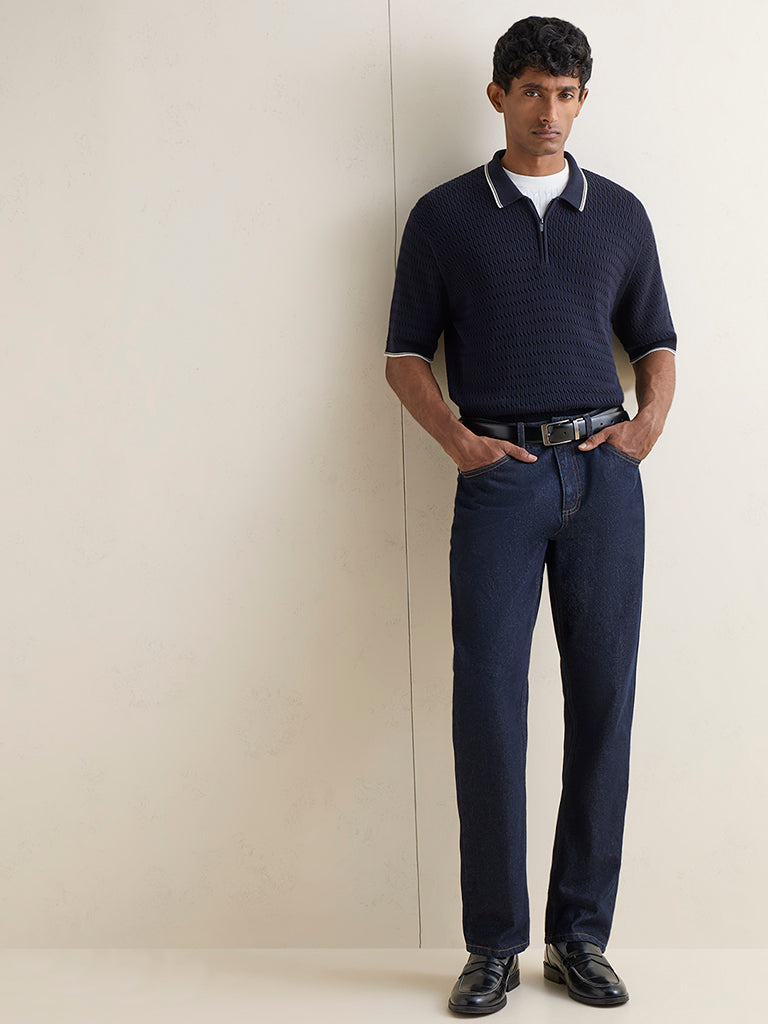 Ascot Navy Relaxed-Fit Cotton Quarter-Zip Polo T-Shirt