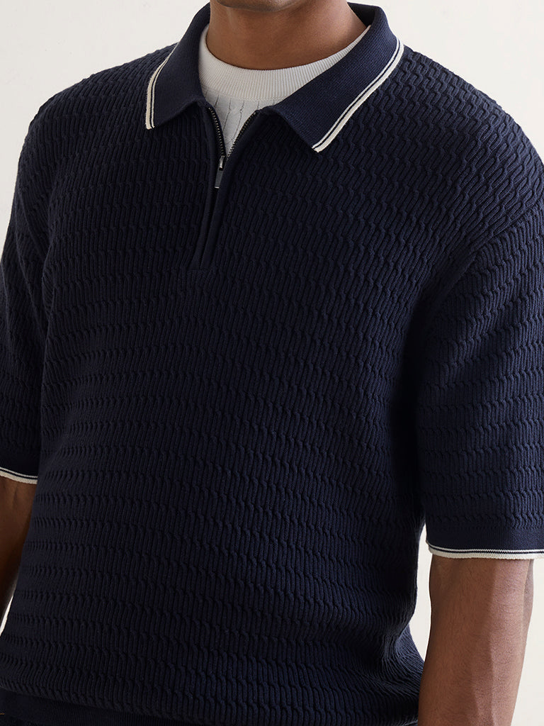 Ascot Navy Relaxed-Fit Cotton Quarter-Zip Polo T-Shirt