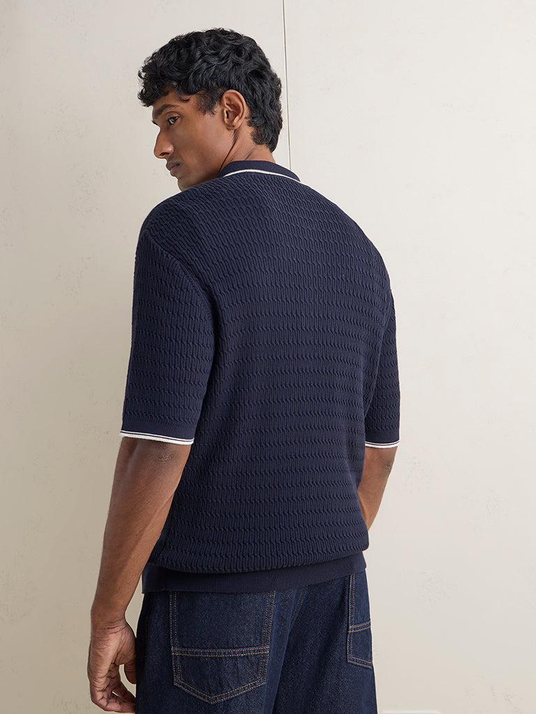 Ascot Navy Relaxed-Fit Cotton Quarter-Zip Polo T-Shirt
