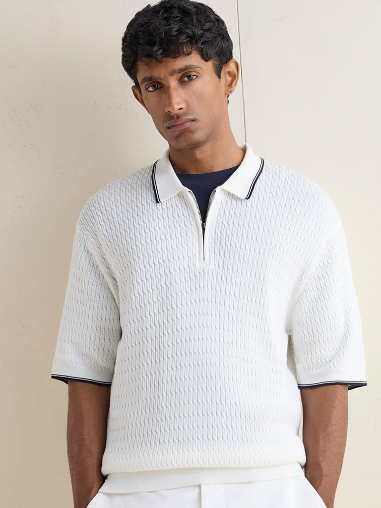 Ascot Off-White Relaxed-Fit Quarter-Zip Cotton Polo T-Shirt