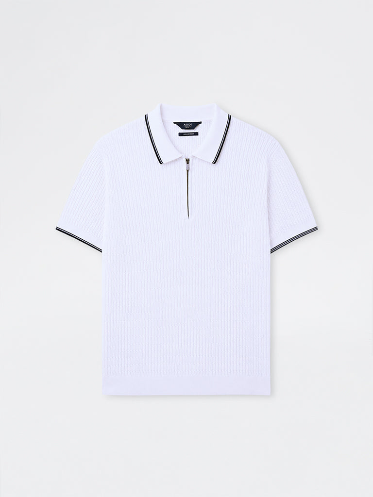 Ascot Off-White Relaxed-Fit Quarter-Zip Cotton Polo T-Shirt