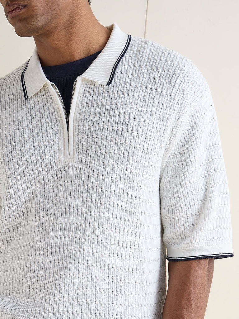 Ascot Off-White Relaxed-Fit Quarter-Zip Cotton Polo T-Shirt