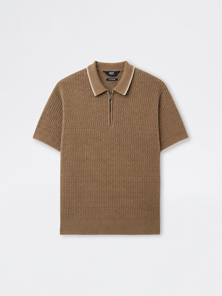 Ascot Taupe Relaxed-Fit Cotton Quarter-Zip Polo T-Shirt
