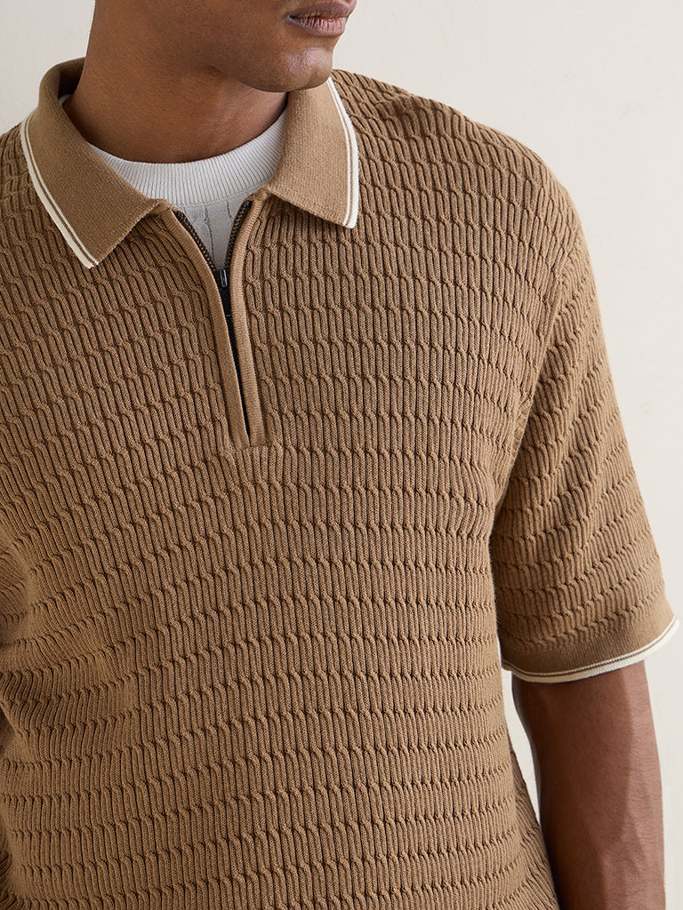 Ascot Taupe Relaxed-Fit Cotton Quarter-Zip Polo T-Shirt