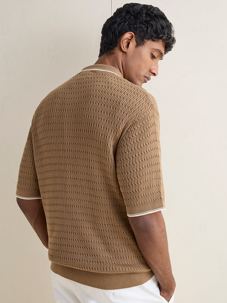 Ascot Taupe Relaxed-Fit Cotton Quarter-Zip Polo T-Shirt