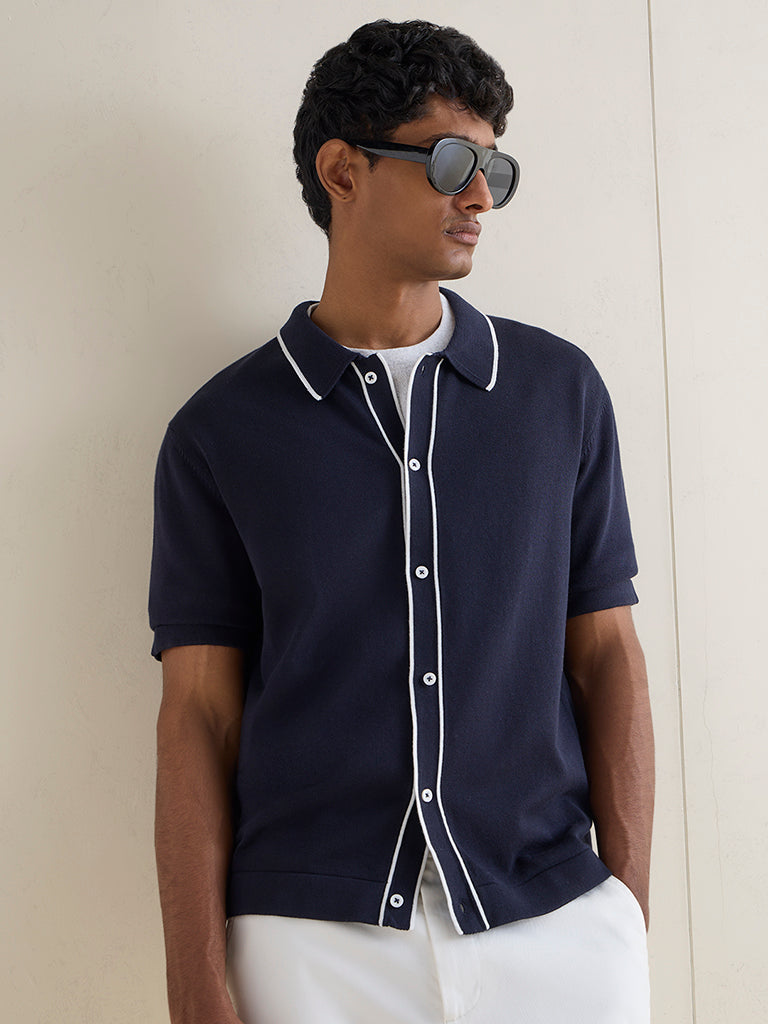 Ascot Navy Knit Relaxed-Fit Cotton-Blend Polo Shirt