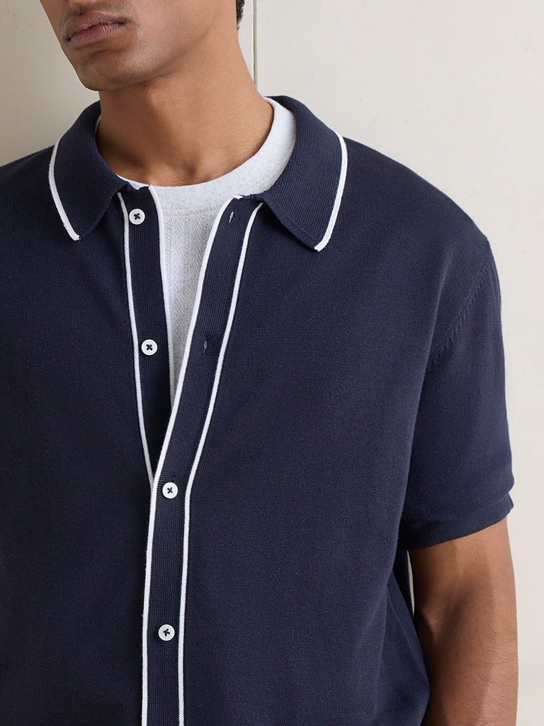 Ascot Navy Knit Relaxed-Fit Cotton-Blend Polo Shirt