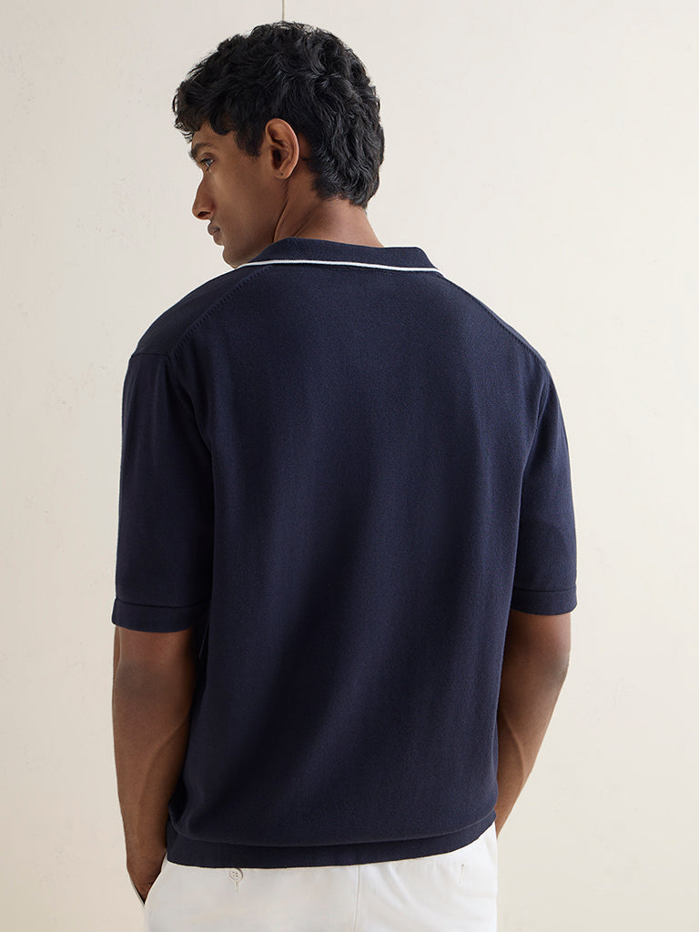 Ascot Navy Knit Relaxed-Fit Cotton-Blend Polo Shirt