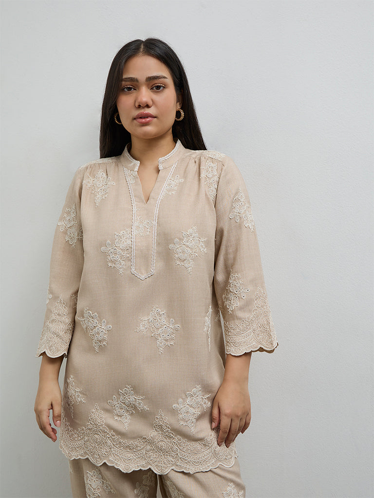 Diza Beige Floral Embroidered Tunic