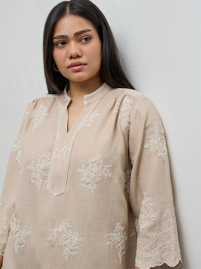 Diza Beige Floral Embroidered Tunic