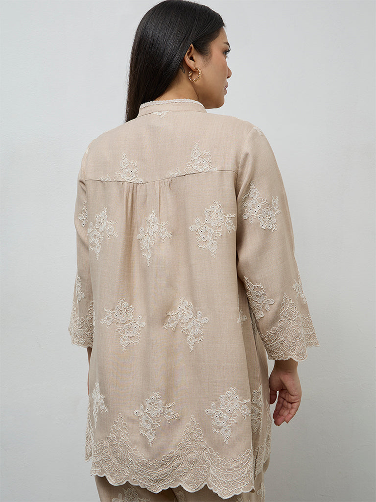 Diza Beige Floral Embroidered Tunic