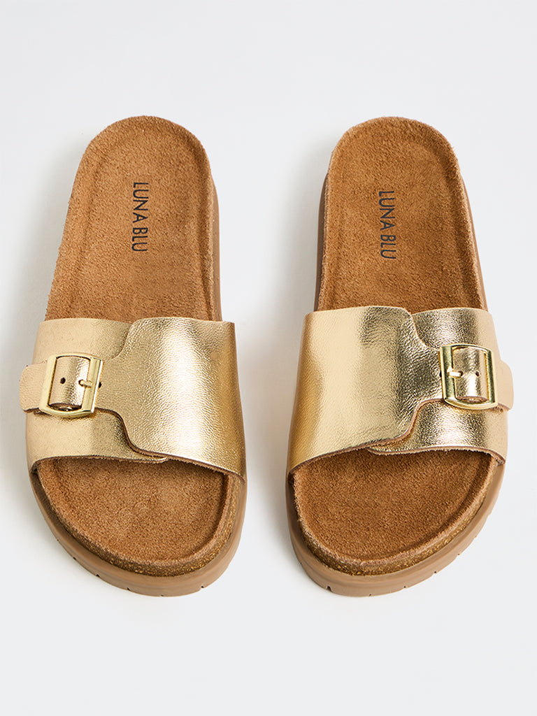 LUNA BLU Gold Buckle Detailed Slip-On Sandals
