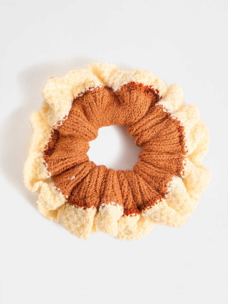 Westside Accessories Brown Colour-Blocked Crochet Scrunchie