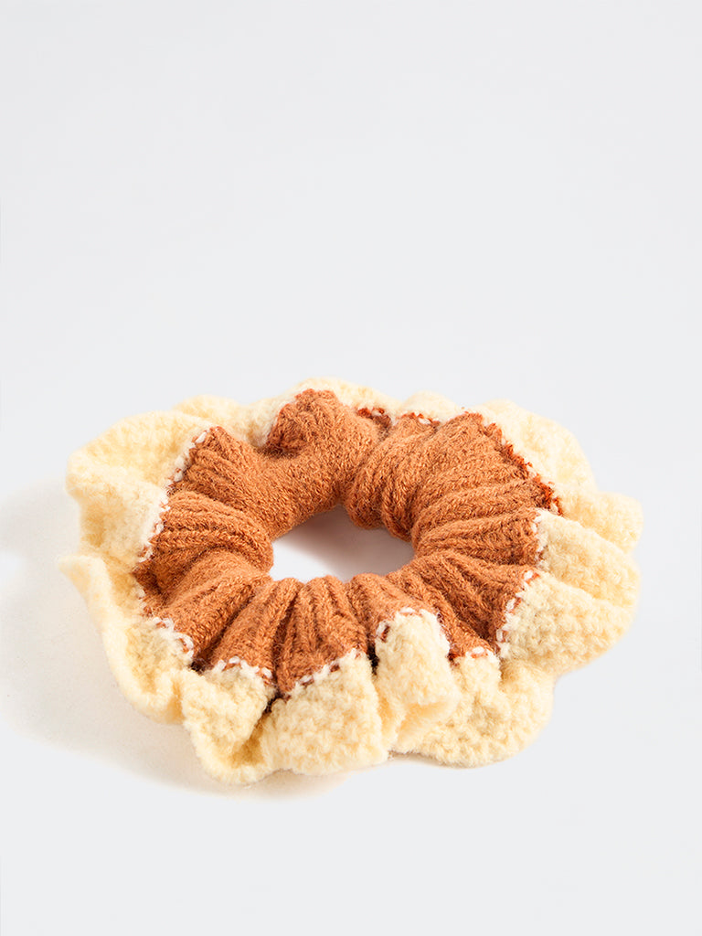 Westside Accessories Brown Colour-Blocked Crochet Scrunchie