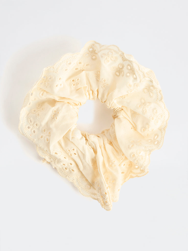 Westside Accessories Off-White Embroidered Scrunchie