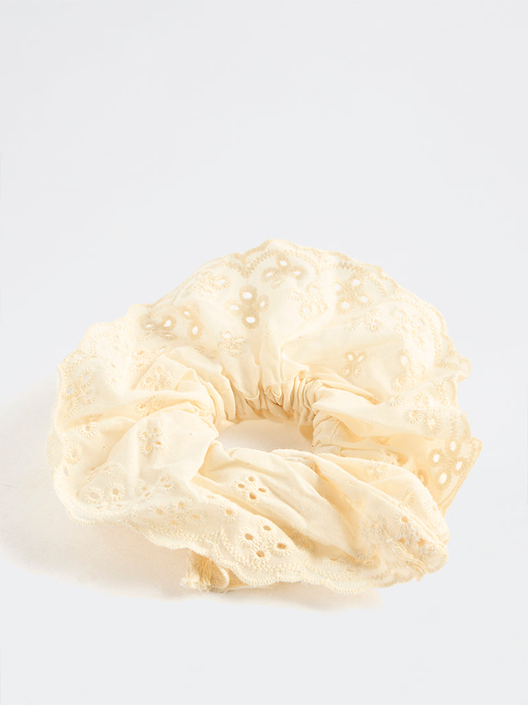 Westside Accessories Off-White Embroidered Scrunchie