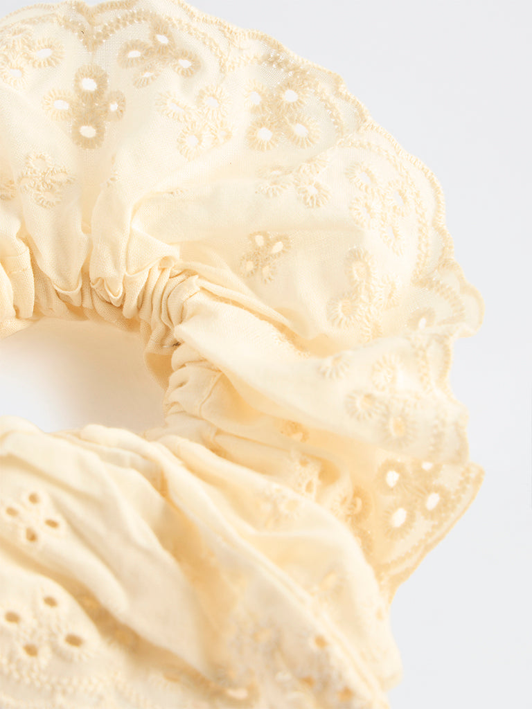 Westside Accessories Off-White Embroidered Scrunchie