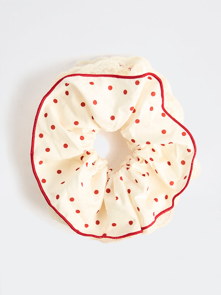 Westside Accessories Cream Polka-Dot Scrunchie