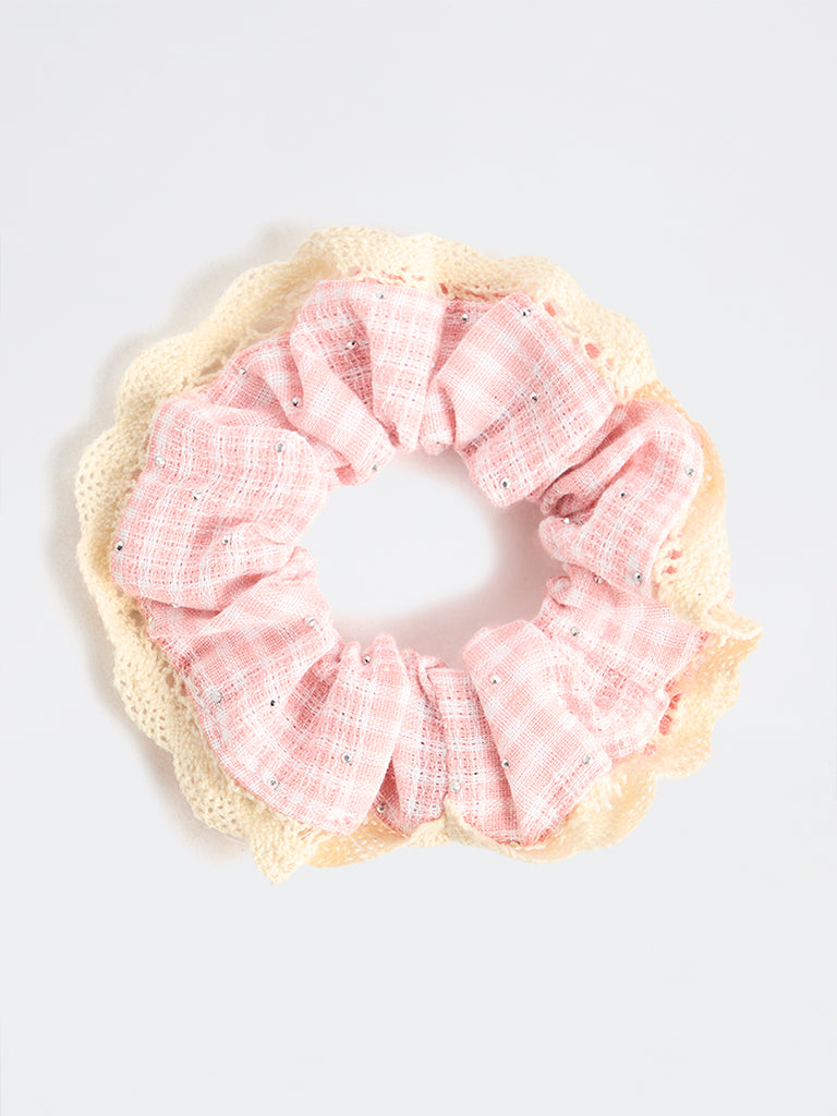 Westside Accessories Pink Checkered Lace-Trim Scrunchie