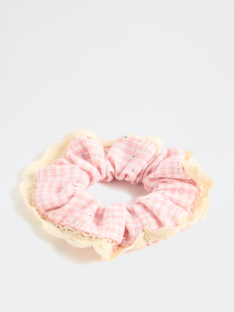 Westside Accessories Pink Checkered Lace-Trim Scrunchie