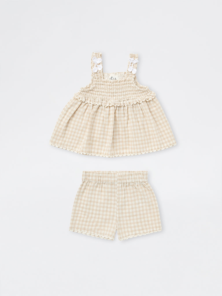 HOP Baby Girls Beige Checkered Cotton Top and Shorts Sets