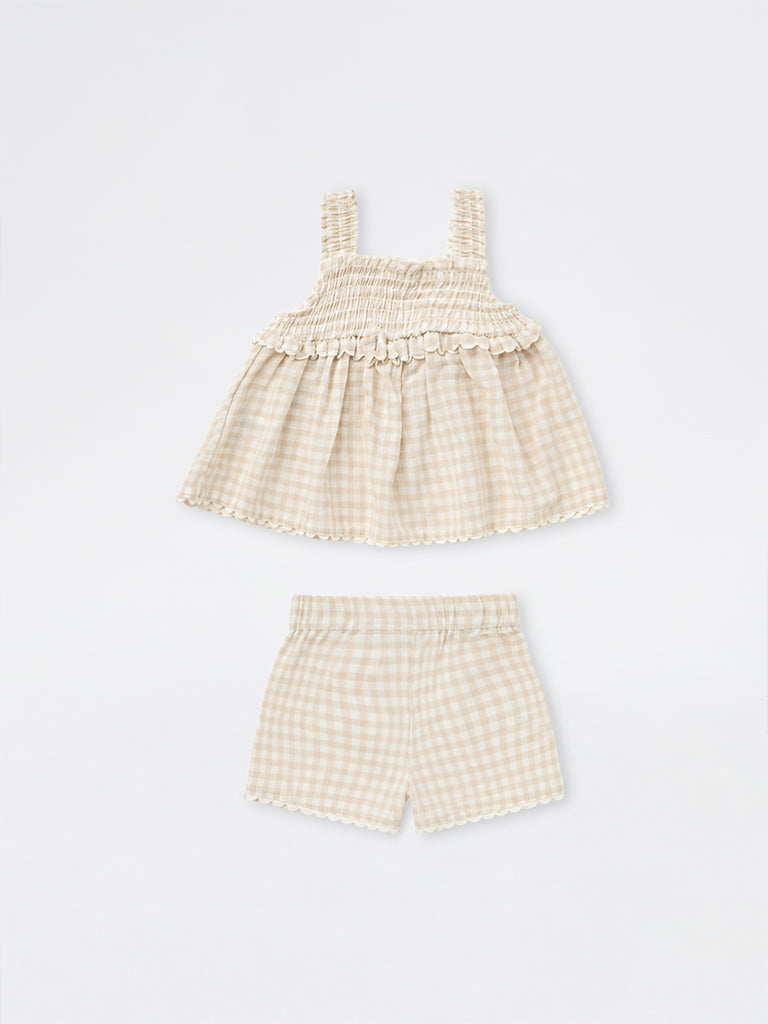 HOP Baby Girls Beige Checkered Cotton Top and Shorts Sets