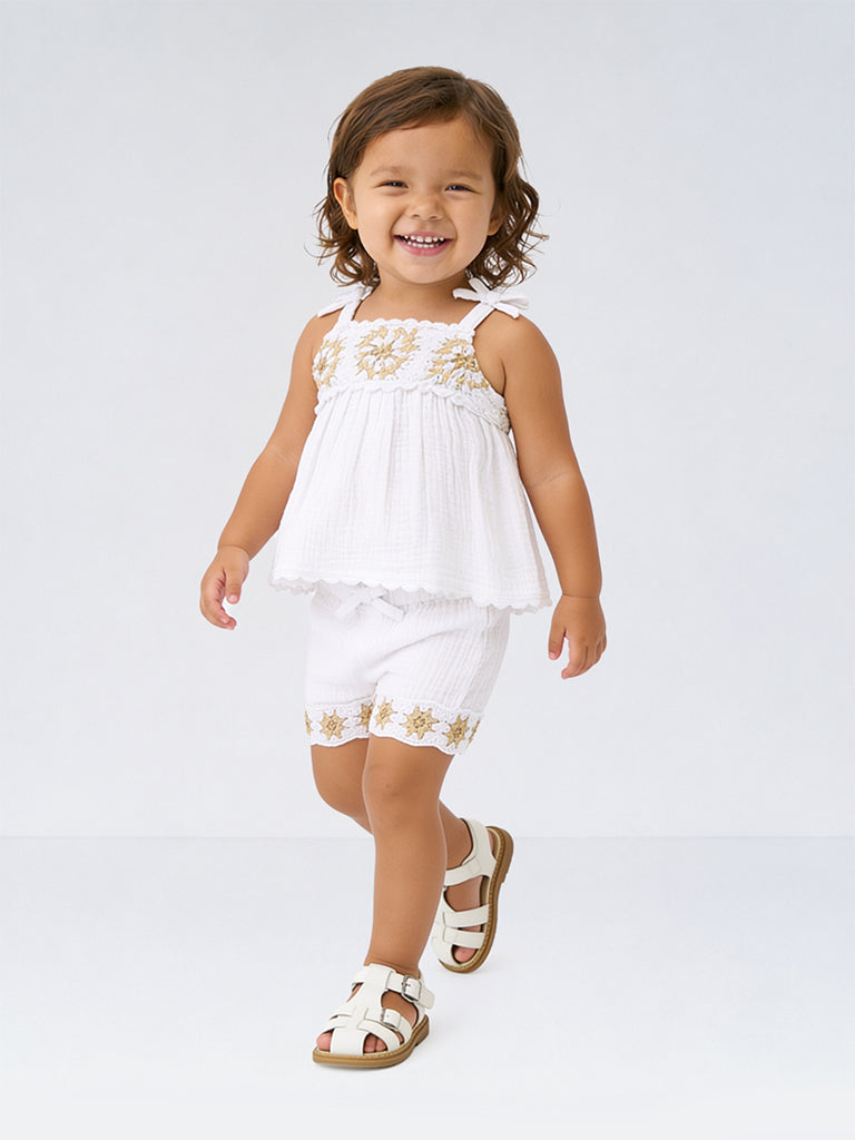 HOP Baby Girls White Crochet Embroidered A-Line Cotton Dress with Shorts