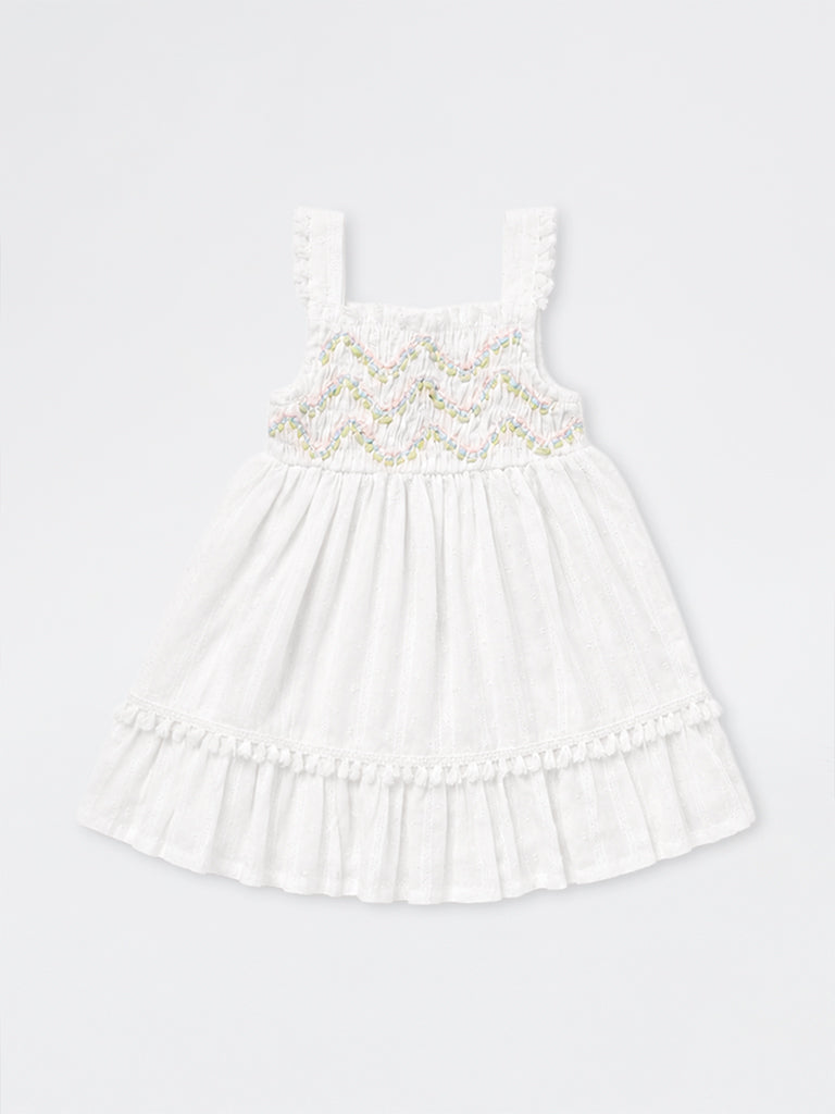 HOP Baby Girls White Embroidered Cotton A-Line Dress