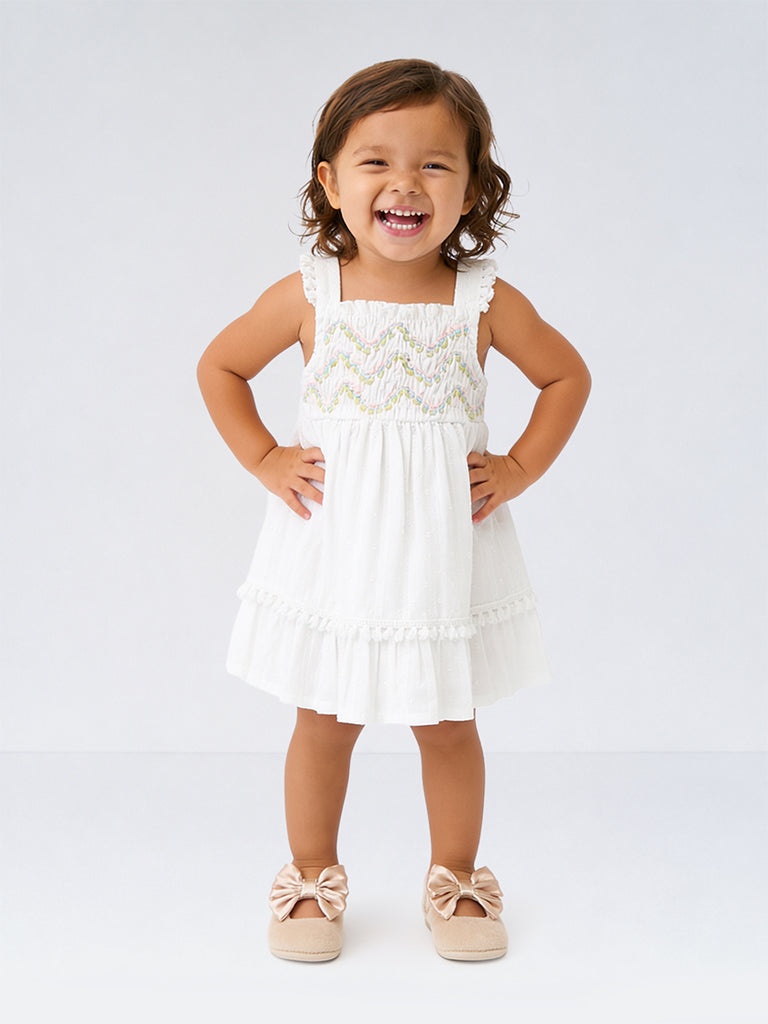 HOP Baby Girls White Embroidered Cotton A-Line Dress