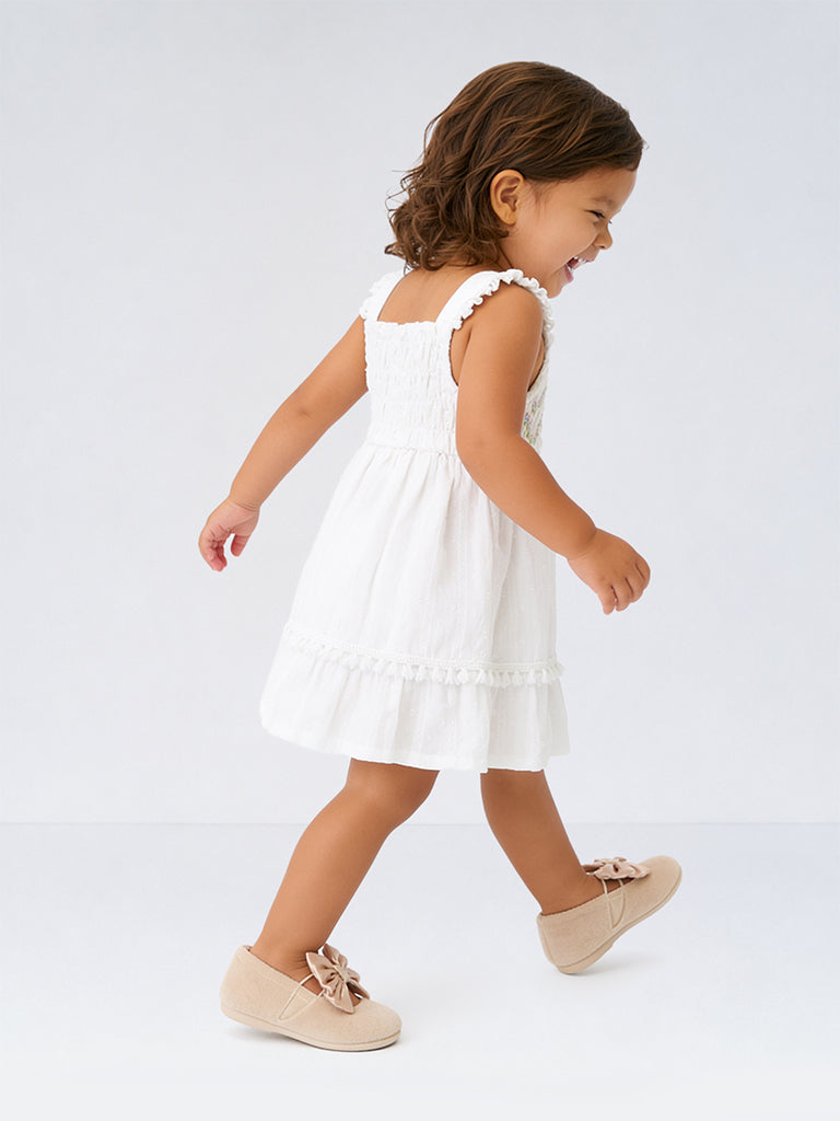 HOP Baby Girls White Embroidered Cotton A-Line Dress