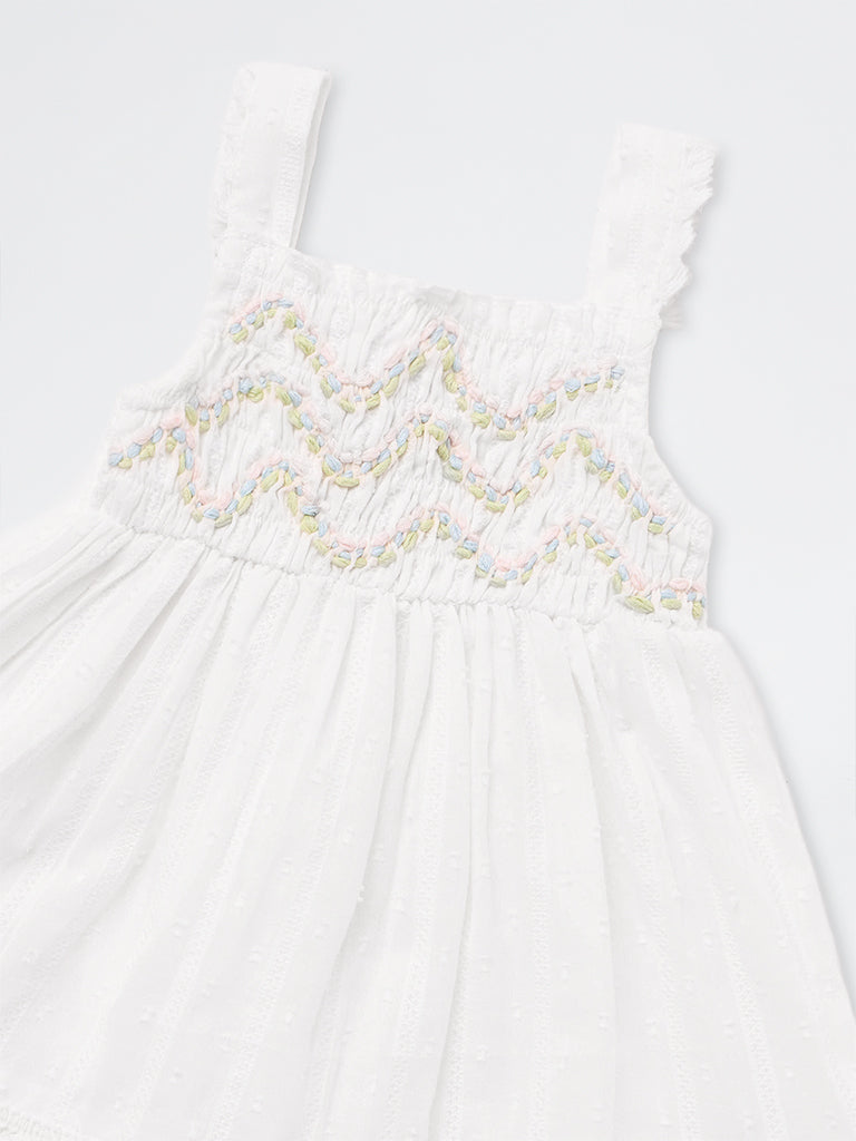 HOP Baby Girls White Embroidered Cotton A-Line Dress