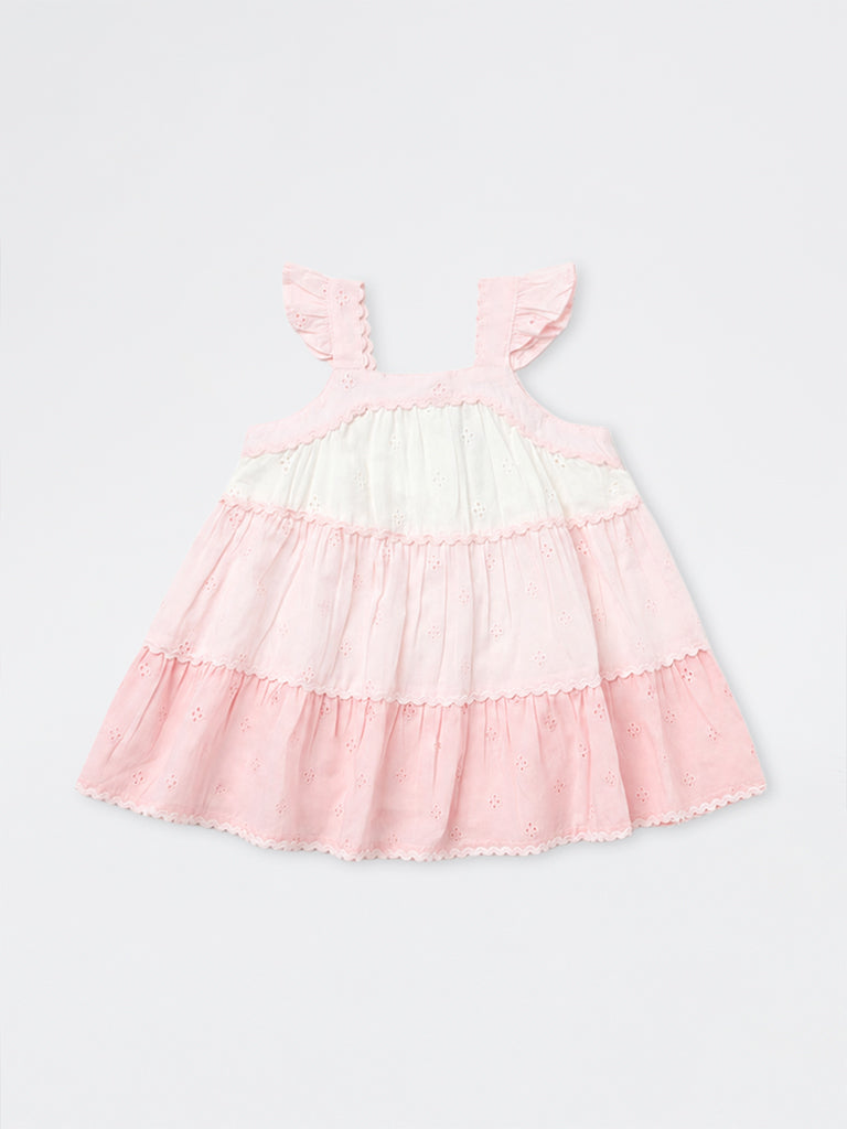 HOP Baby Girls Pink Schiffli Design Cotton Tiered Dress