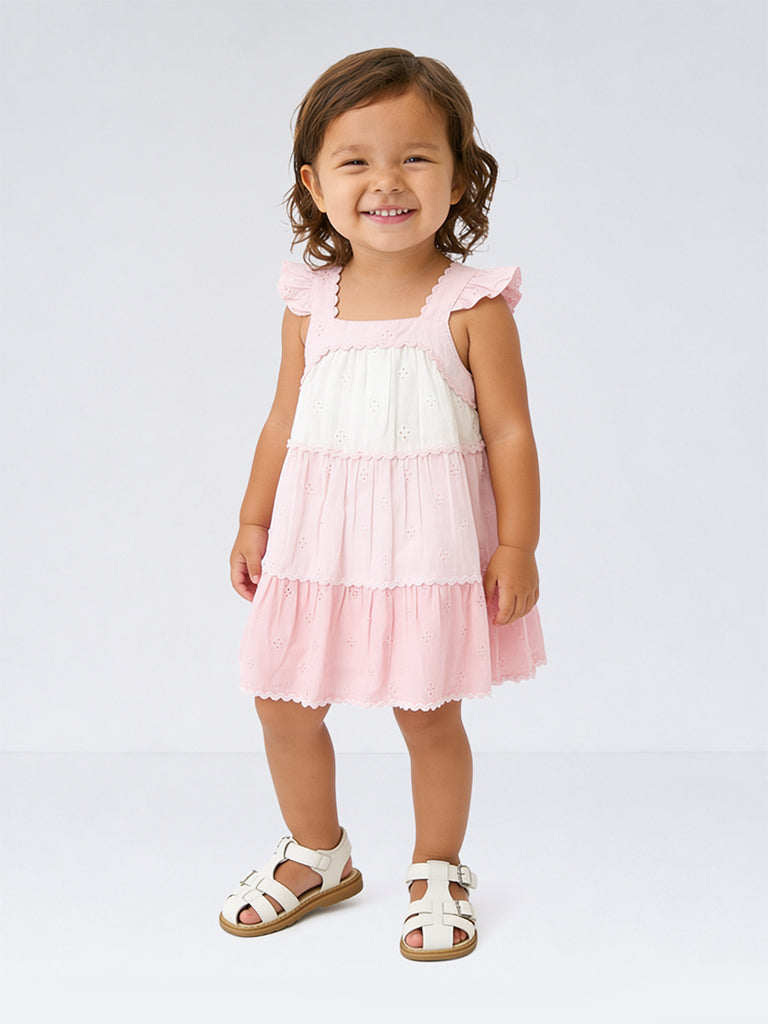HOP Baby Girls Pink Schiffli Design Cotton Tiered Dress