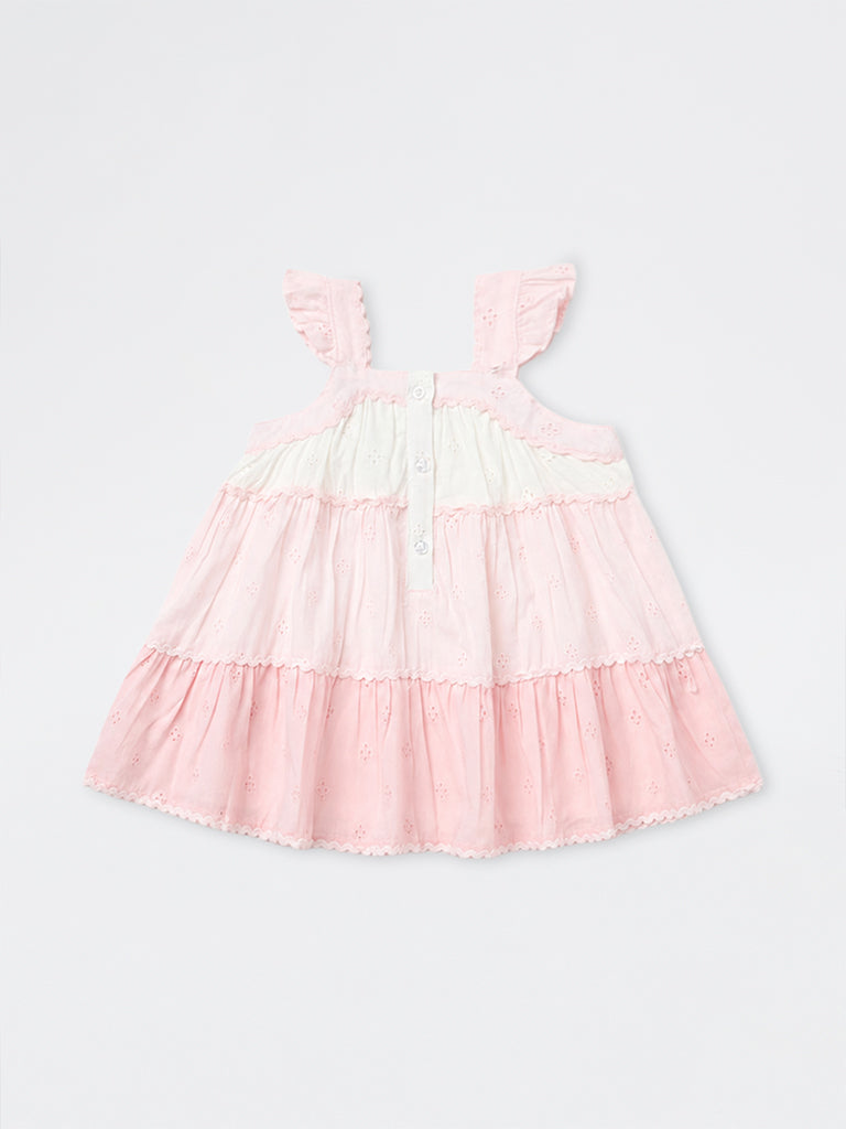 HOP Baby Girls Pink Schiffli Design Cotton Tiered Dress