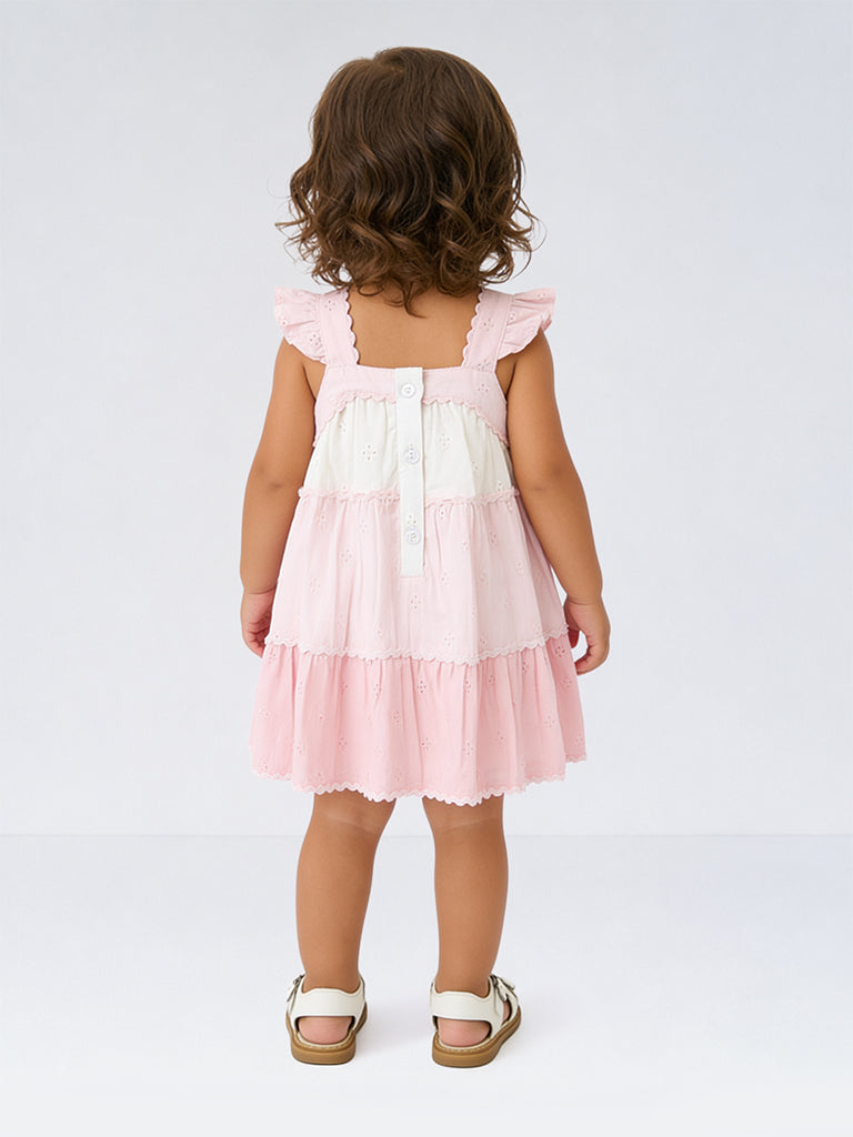 HOP Baby Girls Pink Schiffli Design Cotton Tiered Dress