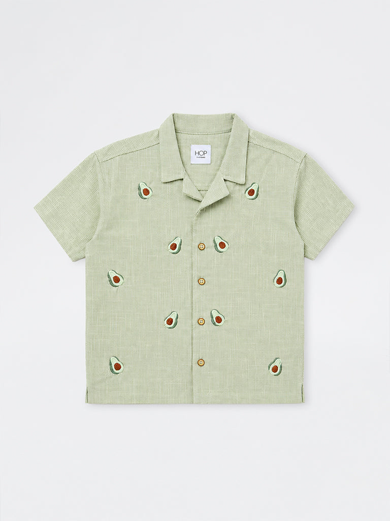 HOP Kids Boys Sage Avocado Embroidered Cotton Shirt