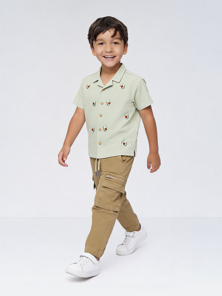 HOP Kids Boys Sage Avocado Embroidered Cotton Shirt