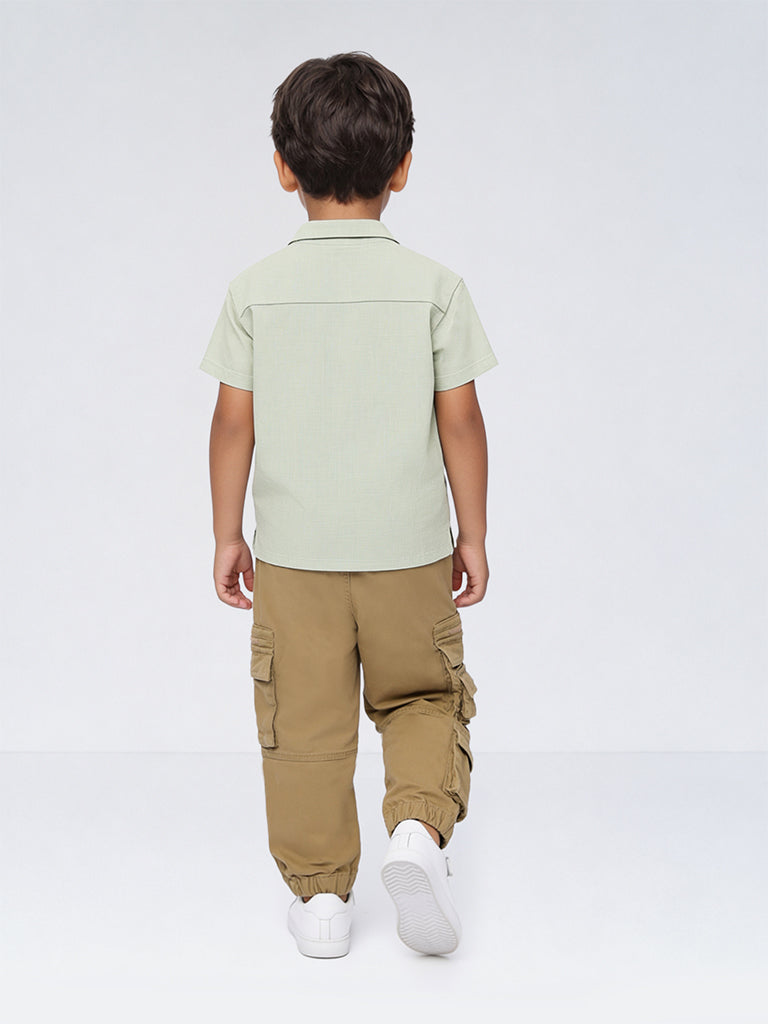 HOP Kids Boys Sage Avocado Embroidered Cotton Shirt