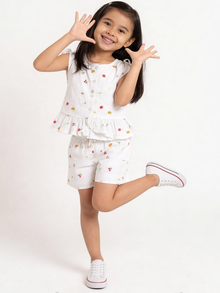 HOP Kids Girls Off-White Embroidered Top And Shorts Set