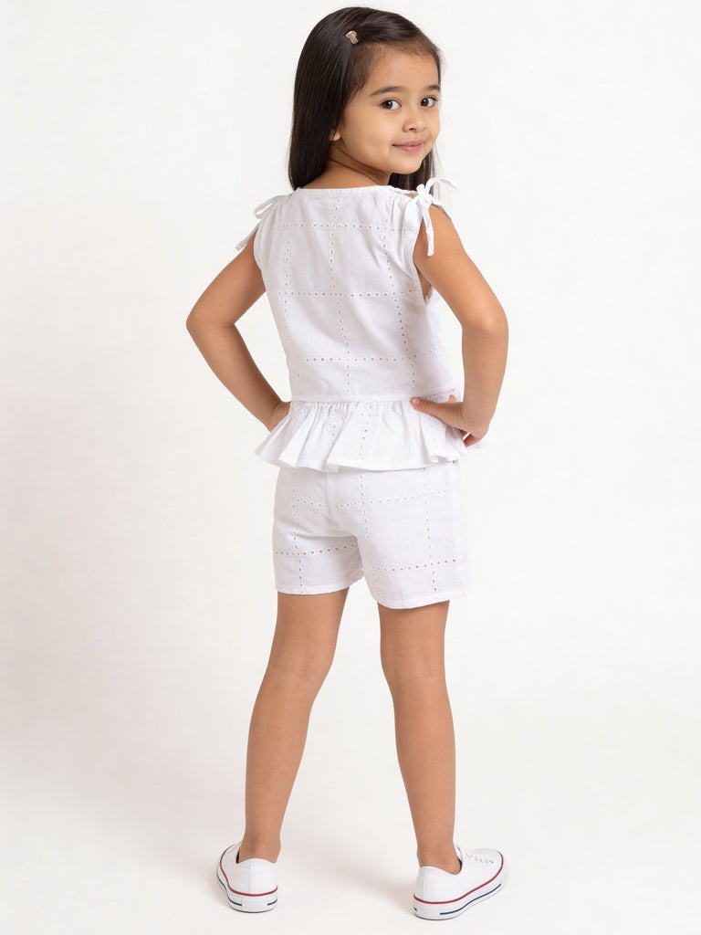 HOP Kids Girls Off-White Embroidered Top And Shorts Set