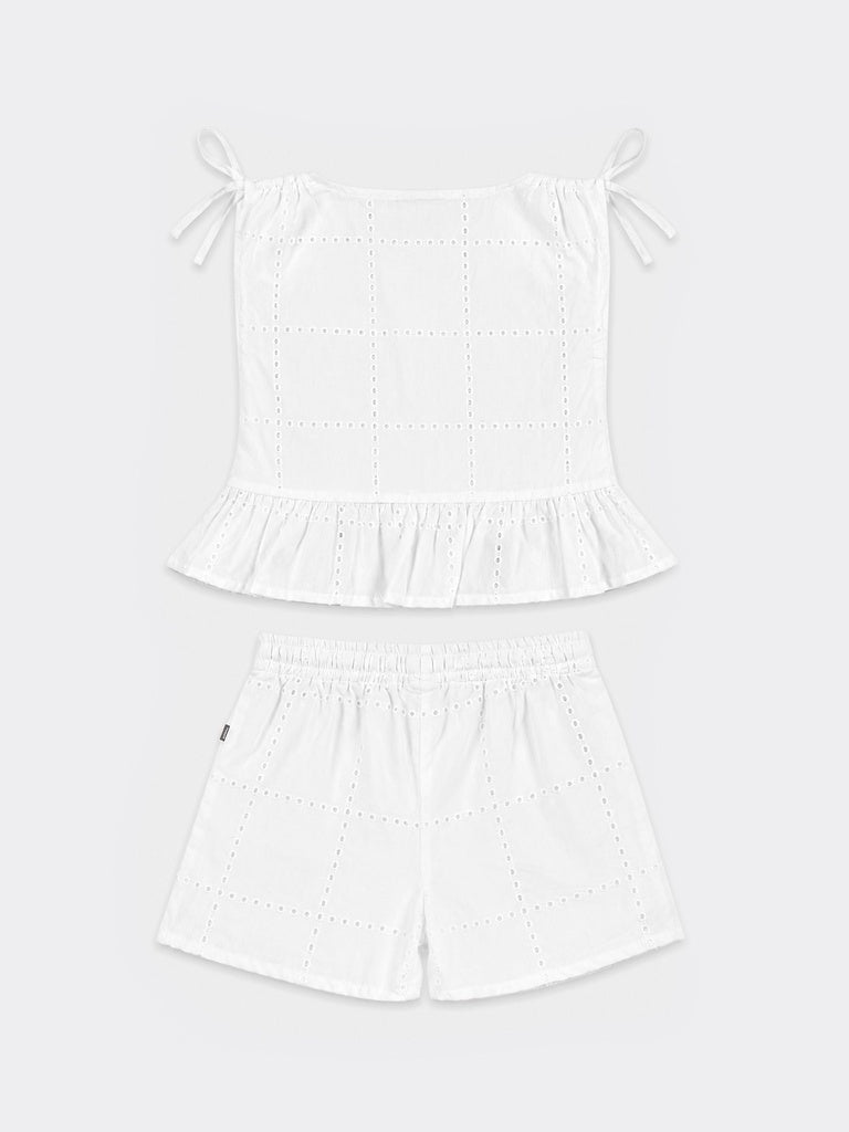 HOP Kids Girls Off-White Embroidered Cotton Top and Shorts Set