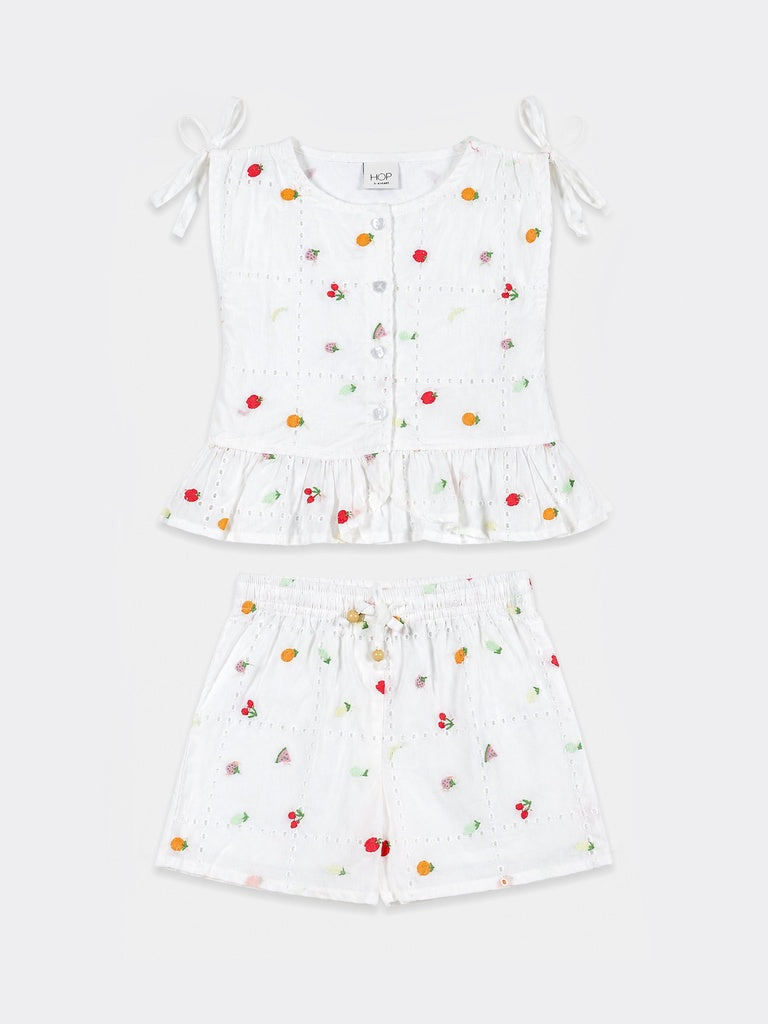 HOP Kids Girls Off-White Embroidered Cotton Top and Shorts Set