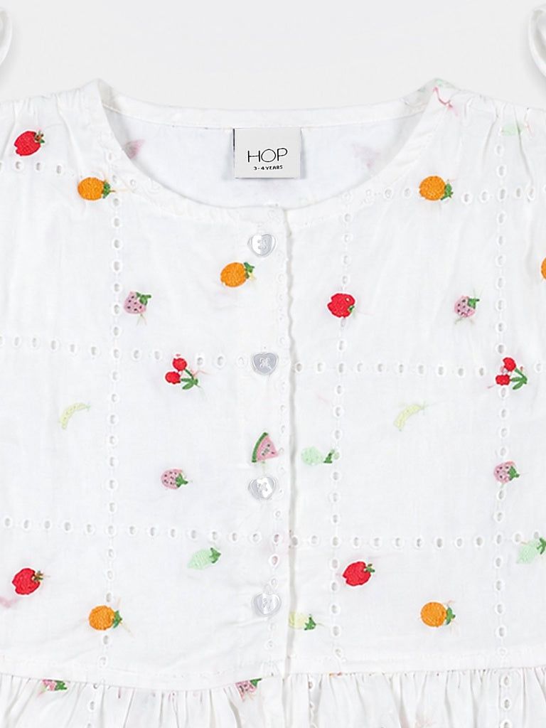 HOP Kids Girls Off-White Embroidered Cotton Top and Shorts Set