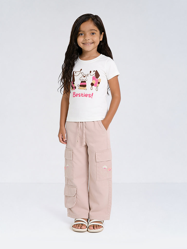 HOP Kids Girls White Animal Design Cotton T-Shirt