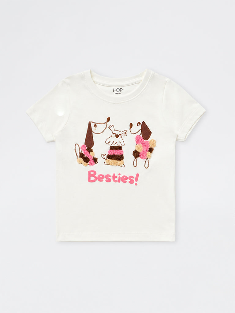 HOP Kids Girls White Animal Design Cotton T-Shirt